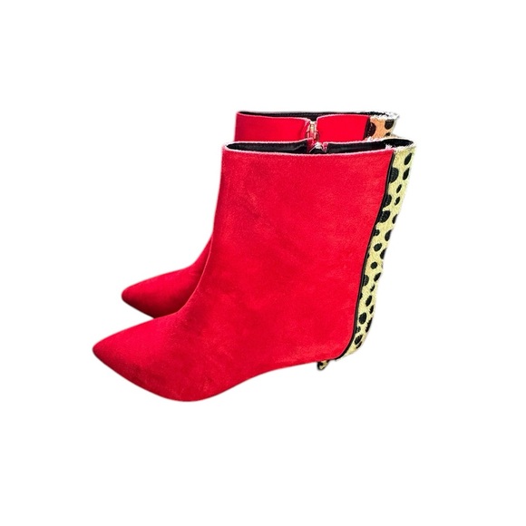 FSJ Red And Leopard Patterned Suede Pointed Toe Booties Size 10 - Picture 5 of 9